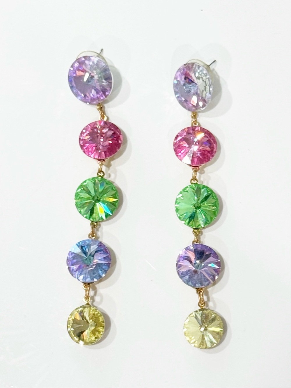 Swarovski Crystal Rainbow Dangle Tiered Round Rivoli Crystal Drop Earrings